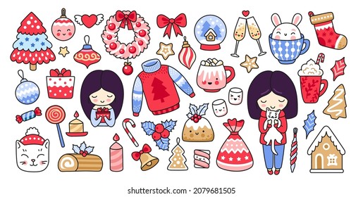 Winter season stickers collection. Merry christmas and happy new year set. Vector cartoon illustration.