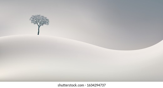 The winter season symbolized by a pristine white landscape with a leafless tree on top of a snowy hill.