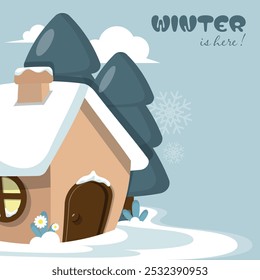 Winter Season template with cute little house on ice