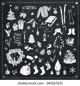 Winter season themed doodle Network - snovflakes, sport, menu, Christmas Tree,  toys, a bag with gifts, winter set, chalk blackboard