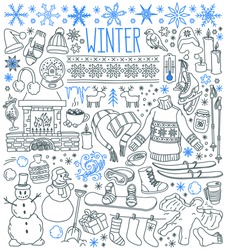 Winter Season Themed Doodle Set - Snowflakes, Icicles, Classic Ornaments, Knitted Wear, Winter Sports. Freehand Vector Drawings Isolated Over White Background.