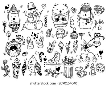 Winter season themed doodle set - snowflakes, icicles, classic ornaments, knitted wear, winter sports. Freehand vector drawings isolated over white background.