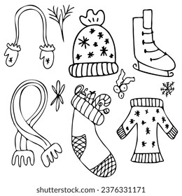 Winter season themed doodle set . Suitable for children's coloring books. Vector illustrations.