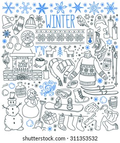 Winter season themed doodle set    snowflakes  icicles  classic ornaments  knitted wear  winter sports  Freehand vector drawings isolated over white background 