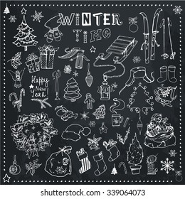 Winter season themed doodle set - snowflakes, icicles, classic ornaments, knitted wear, winter sports. Freehand vector drawings isolated over white background.