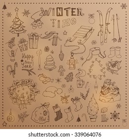 Winter season themed doodle set - snowflakes, icicles, classic ornaments, knitted wear, winter sports. Freehand vector drawings isolated over white background.