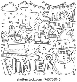 Winter season themed doodle set. 