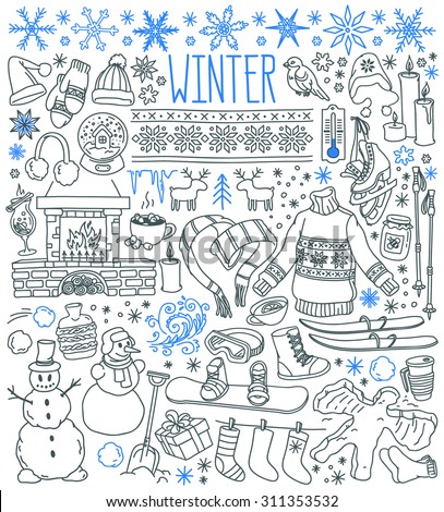 Winter season themed doodle set - snowflakes, icicles, classic ornaments, knitted wear, winter sports. Freehand vector drawings isolated over white background.