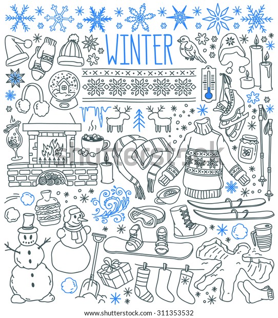 Wintersaison Themendoodle Set Schneeflocken Icicles Klassische Stock Vektorgrafik Lizenzfrei