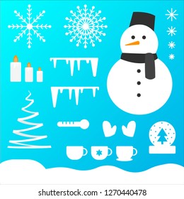 Winter season themed vector set: snowflakes, icicles, snowman, cup, snow and etc.