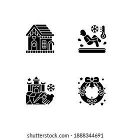 Winter Season Traditions Black Glyph Icons Set On White Space. Gingerbread House. Polar Bear Plunge. Ice Sculpture. Christmas Wreath. Silhouette Symbols. Vector Isolated Illustration