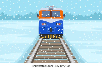 Winter season travel.Train crossing the winter steppe. Front view of a locomotive. Flat vector illustration template.