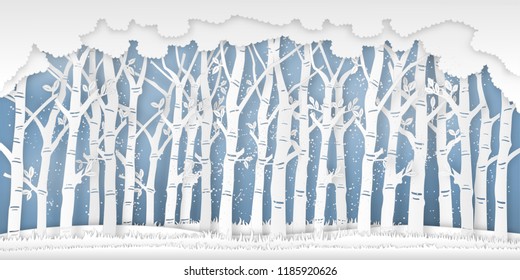 the winter season with trees and snow  as Paper art and digital craft style concept. vector illustration