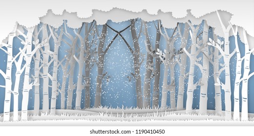 the winter season with trees and snow  as Paper art and digital craft style concept. vector illustration