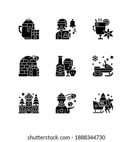 Winter season vacation black glyph icons set on white space. Hot chocolate. Singing carol. Mulled wine. Ice fortress. Christmas holiday. Silhouette symbols. Vector isolated illustration