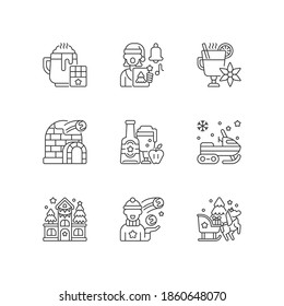 Winter season vacation linear icons set. Hot chocolate. Singing carol. Mulled wine. Christmas holiday. Customizable thin line contour symbols. Isolated vector outline illustrations. Editable stroke