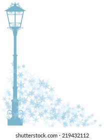 winter season vector design element - city street light among blue flying snowlakes