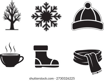 Conjunto de ícones de vetor da estação de inverno. Silhueta coleção de floco de neve, árvore nua, chapéu de gorro, bota de inverno, cachecol e xícara de café quente. Símbolos de tempo frio