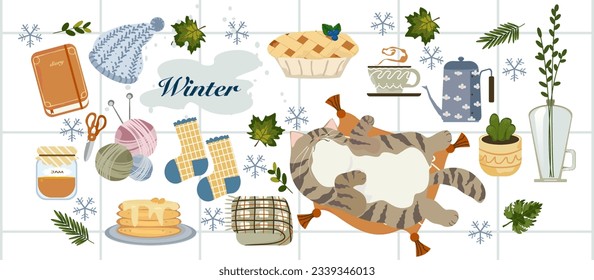 Winter season. Vector illustration of a chill day. With a fat cute cat sleeping on a soft pillow and home decor items and sweets, hot tea, and leaves. Illustration for poster, card, or background.