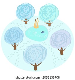 Winter season vector illustration. Five trees around a little pond with a brown reedmace and with trodden paths in winter. Park with small lake in winter season