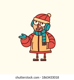 Winter season vector illustration graphic. Young man in winter wearing hat, shawl, and jacket