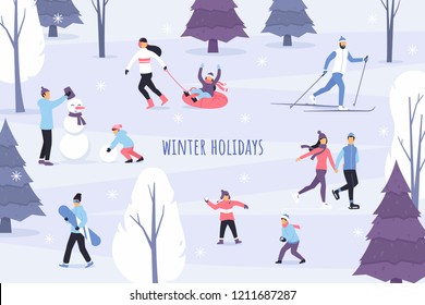 Winter season vector illustration. Outdoor games and activities. People in the winter park. Flat characters skate, ski, make a snowman, play snowballs and have fun. Snowy forest landscape.