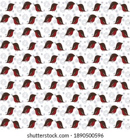 Winter season vector seamless pattern composed of bullfinches and snawflakes