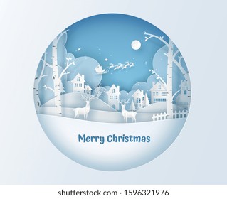 Winter season view with deer in the forest, houses, building, Santa Claus on the sky. Vector illustration art in paper cut design. Merry Christmas or Happy New Year card in circle shape.