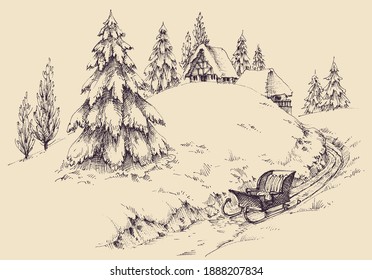 Winter season in the village landscape, pine trees and small houses, a sleigh in the snow