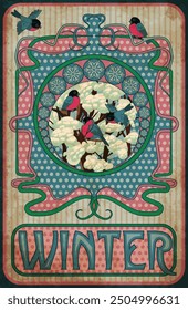 Winter season wallpaper in art nouveau style, vector illustration