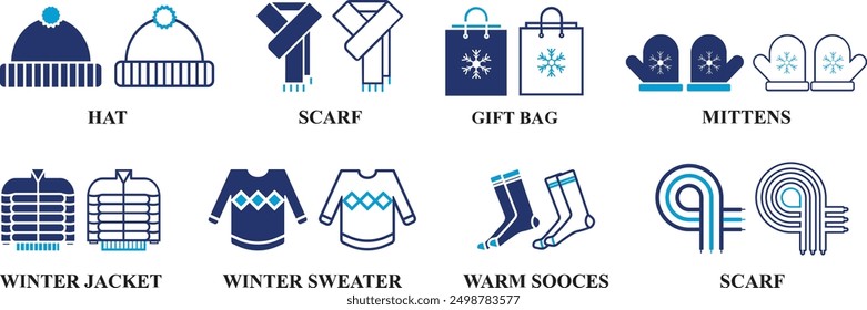 Winter season warm cloths icon set isolated on white background. Editable colorful Icons of Cool Weather in fill and line style.