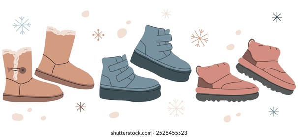 Inverno temporada sapatos quentes, sapatos de tempo frio, vários sapatos na moda, aconchegante e confortável, sapatos sazonais casuais, flocos de neve