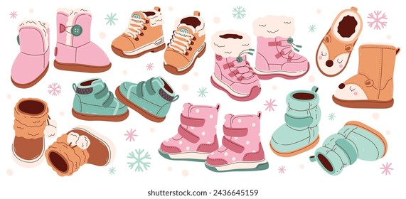 Winter season warm shoes footgear for children to protect legs from cold weather vector illustration. Different trendy fashion cozy and comfortable childish footwear, kids casual seasonal garment