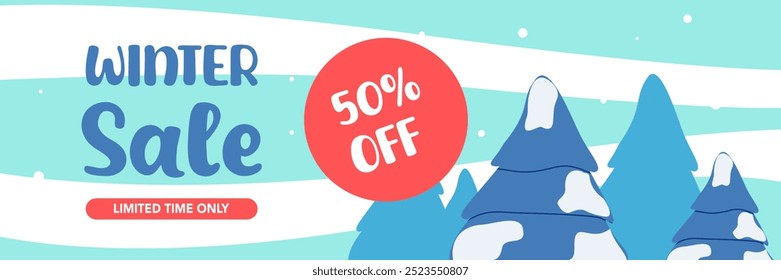 Winter season web sale banner, greeting card, horizontal poster, holiday cover. Modern Xmas design in flat style with Christmas tree and snow on blue background 