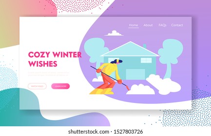 Winter Season Website Landing Page. Cute Girl in Warm Clothes and Earmuffs Working at House Yard with Shovel Cleaning Steps and Ground front of Cottage Web Page Banner Cartoon Flat Vector Illustration