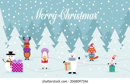 winter season, white fox, rabbit, lesser panda, a reindeer, a snowman, and a white bear stand on the floor with a Merry Christmas message on a blue background with snowflakes and a Christmas tree.