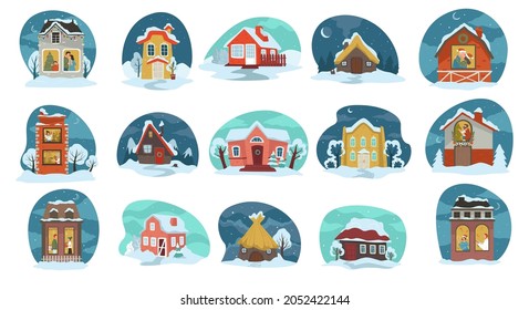 Winter season and xmas holidays, houses covered with snow, exterior of homes with decorative wreath and tree inside. Wife and husband spending festive day together kissing. Vector in flat style