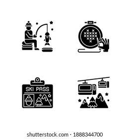 Winter seasonal activity black glyph icons set on white space. Ice fishing. Cross stitching. Ski pass. Cable railway. Festive holiday. Silhouette symbols. Vector isolated illustration