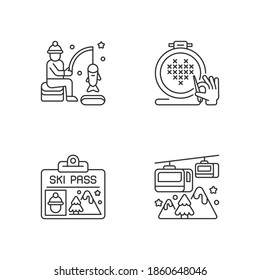 Winter seasonal activity linear icons set. Ice fishing. Cross stitching. Ski pass. Festive holiday. Customizable thin line contour symbols. Isolated vector outline illustrations. Editable stroke