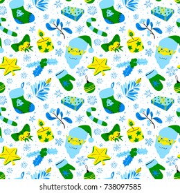 Winter seasonal background. Christmas seamless pattern with bright decoration objects and Santa Claus. Cute cartoon vector illustration for wrapping, textile and backdrops