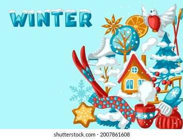 Winter seasonal background. Outdoor leisure and cute fun things. Merry Christmas holiday and vacation.