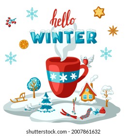 Winter seasonal background. Outdoor leisure and cute fun things. Merry Christmas holiday and vacation.
