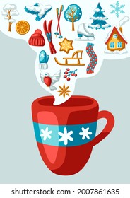 Winter seasonal background. Outdoor leisure and cute fun things. Merry Christmas holiday and vacation.