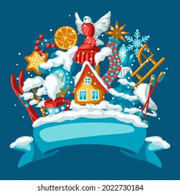 Winter seasonal background. Outdoor leisure and cute fun things. Merry Christmas holiday and vacation.