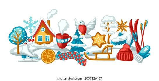 Winter seasonal background. Outdoor leisure and cute fun things. Merry Christmas holiday and vacation.