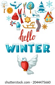 Winter seasonal background. Outdoor leisure and cute fun things. Merry Christmas holiday and vacation.