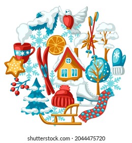 Winter seasonal background. Outdoor leisure and cute fun things. Merry Christmas holiday and vacation.