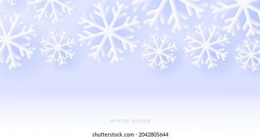 Winter seasonal background with white 3d snowflakes on soft blue backdrop, wallaper backdrop