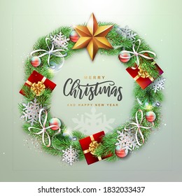 Winter seasonal Christmas background. Christmas holiday realistic decorative wreath. Vector illustration