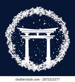 winter seasonal frame made of pine tree branches with torii gate and falling snow - japanese shinto religion vector design